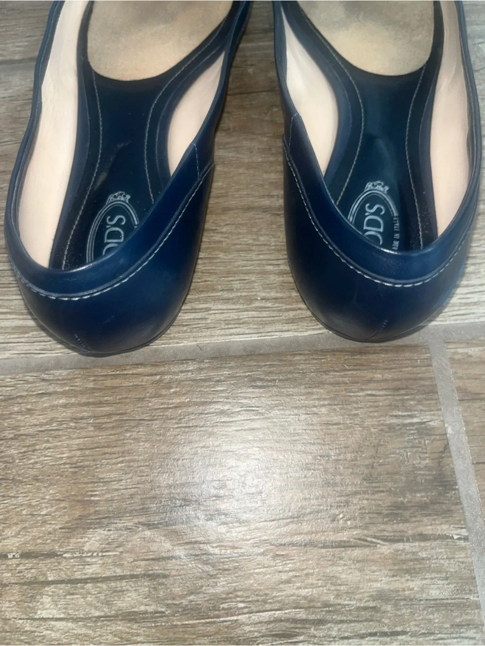 TOD'S Navy Leather Peep-Toe Flats with Bow Accent